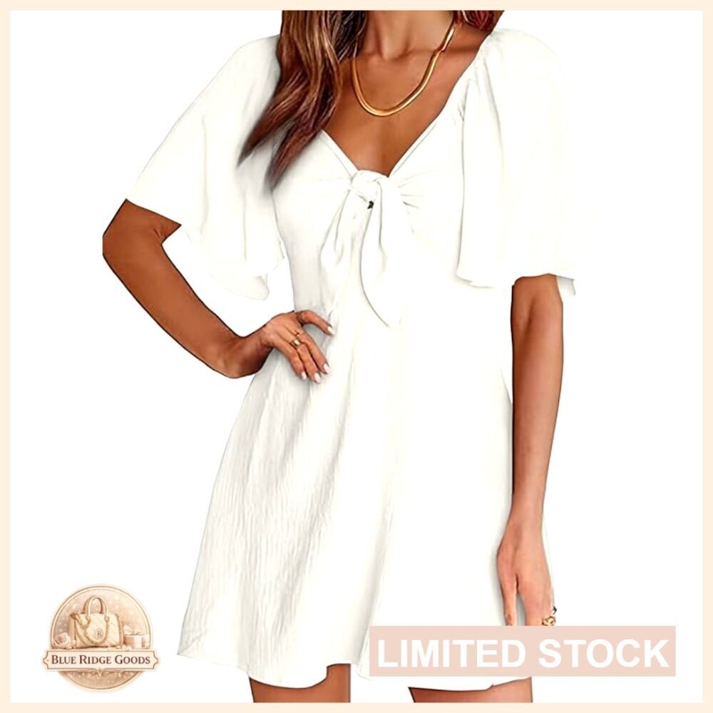 Elegant V-Neck Mini Dress with Bow Tie Ruffle Sleeves Spring Summer Chic